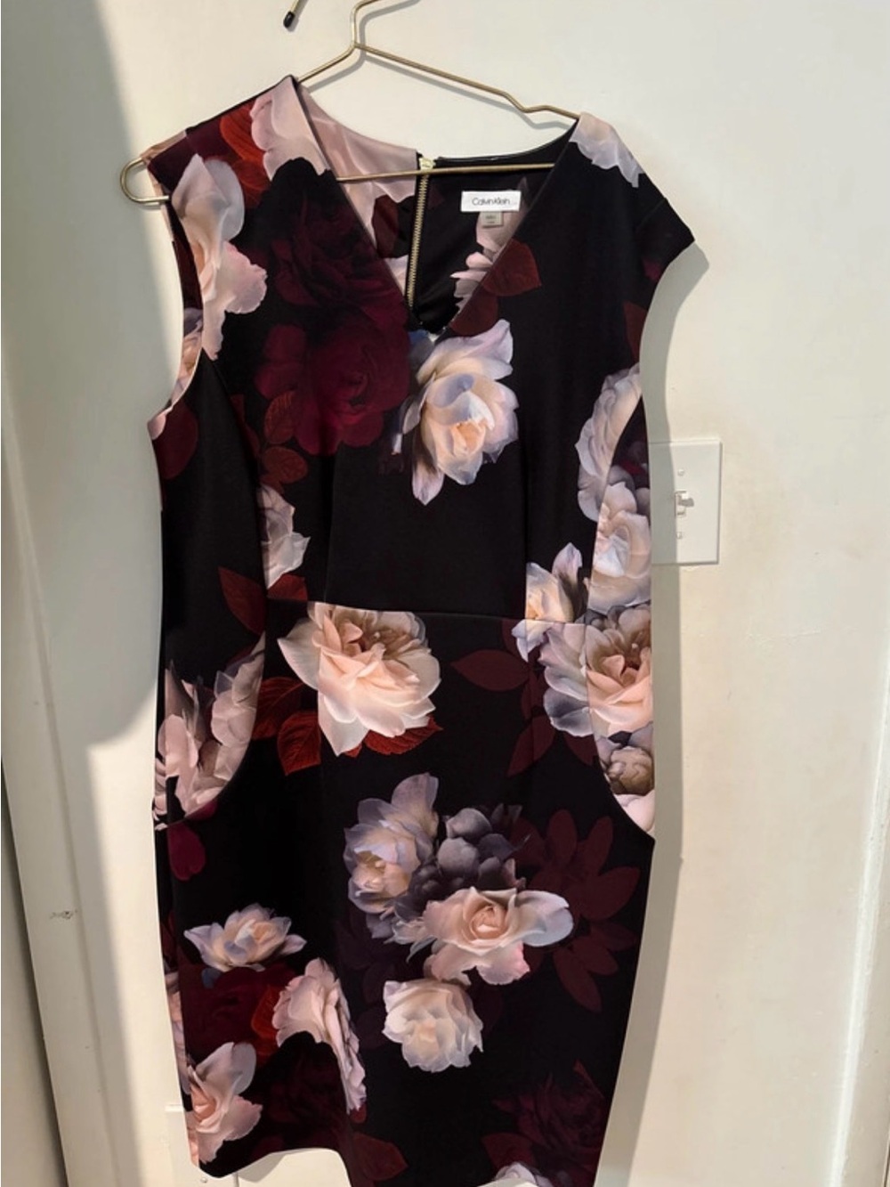 Calvin Klein Black Floral Sheath Dress with Blush & Burgundy Blooms